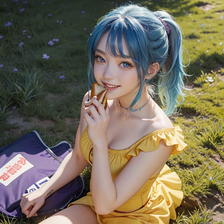 10 year old girl, blue hair on ponytails, big purple color eyes, wearing one piece yellow color dress, red color snickers, sitting on grass, eating sandwich, smiling

