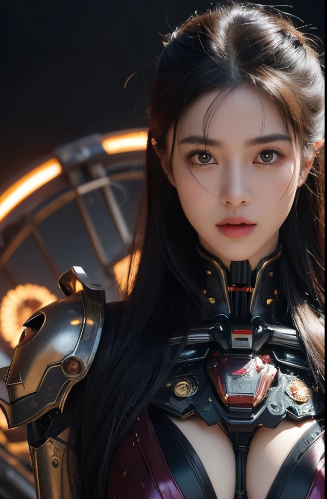 top quality, masterpiece, ultra high resolution, (lifelike: 1.4), original photo, 1 girl, black hair, shiny skin, 1 Mechanical Girl, (超lifelike细节)), portrait, global illumination, shadow, octane rendering, 8K, Super sharp, big deal, Cleavage exposed bare skin, Metal, intricate decorative details, Japan details, very intricate details, lifelike光线, CG trends, purple eyes, glowing eyes, face camera, Neon details, mechanical limbs, blood vessels connected to tubes, Mechanical vertebrae attached to the back, Cervical spine mechanical fixation in the neck, sitting, Wires and cables connected to the head, Gundam, small LED light,