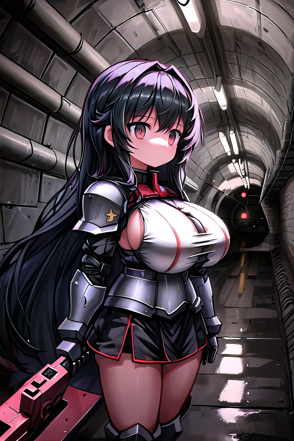(girl long hair:1.2), (huge tits:1.0), (soldier:1.2), (long hair), (metal armor:1.0), (dark atmosphere sewer)