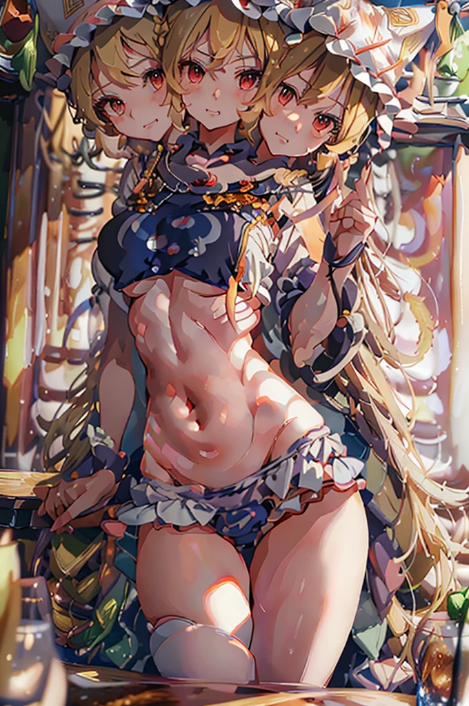 (masterpiece, best quality), best quality, (ultra-detailed), (3heads:1.5), 1girl, (yakumo ran:1.3), masterpiece, best quality, ultra quality, ultra resolution, blue top, crop top, ((stomach)), midriff, ((groin)), blue skirt, normal ears, shackles, blonde hair, very long hair, wavy hair, sidelocks, yellow eyes, detailed eyes, parted lips, single horn, sweat, cute, toned belly, hand on own chest, eyelashes, (25 year old woman:1.3), (masterpiece:1.5), (best quality:1.5), (beautiful detailed extremely detailed CG, extremely delicate and beautiful, depth of field, (finely detailed face), (perfect details:1.2), (mature female:1.3), wide pelvis, slender, large veiny breast, 16k resolution, highres, high quality, high definition, extremely detailed, masterpiece, blonde hair, long hair, alluring presence, braid, short skirt, close up, big , young, bob cut, fox ears, fox girl, fox tail, multiple tails, frilled hat, hat,