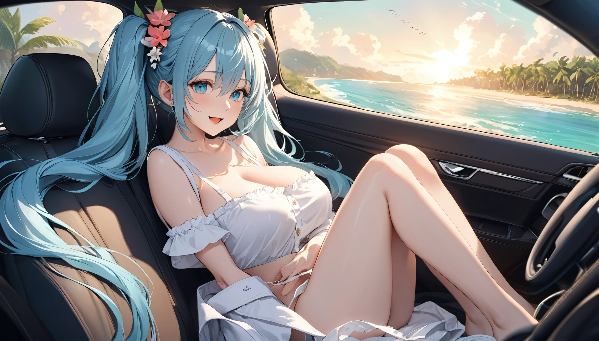  (masterpiece, best quality), 1 elven girl, ( bear breasts, thigh),  (light blue hair, twin tails ,very long hair is fluttering in the wind), hair between eyes, multi colored hair,hair flower ornament ,(blush, smile, aqua eyes), open mouth, maid uniform,    
 ((((undone clothing)))),  (Open the front of the maid uniform chest very wide), large breasts, pointed ears, view from right side, (Cruising the highway in a car ) , (color of the car is white), ( the car has 2 seats), (the car has no roof), (passenger seat is left side in the car), (seating in the left seat of the car), looking at the sky,  Palm trees line the shoreline 