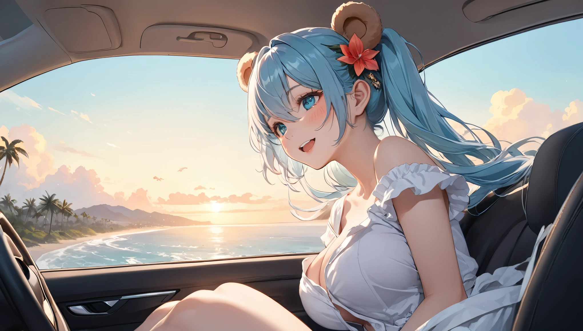 (masterpiece, best quality), 1 elven girl, ( bear breasts, thigh), (light blue hair, twin tails ,very long hair is fluttering in the wind), hair between eyes, multi colored hair,hair flower ornament ,(blush, smile, aqua eyes), open mouth, maid uniform,
((((undone clothing)))), (Open the front of the maid uniform chest very wide), large breasts, pointed ears, view from right side, (Cruising the highway in a car ) , (color of the car is white), ( the car has 2 seats), (the car has no roof), (passenger seat is left side in the car), (seating in the left seat of the car), looking at the sky, Palm trees line the shoreline
