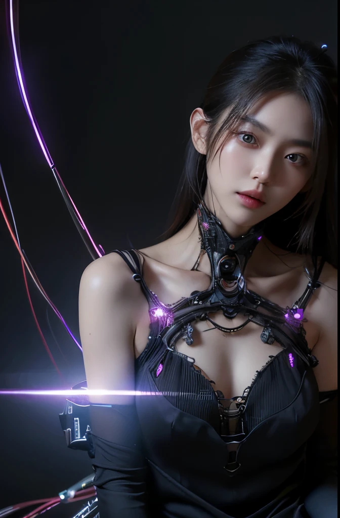 top quality, masterpiece, ultra high resolution, (lifelike: 1.4), original photo, 1 girl, black hair, shiny skin, 1 Mechanical Girl, (超lifelike细节)), portrait, global illumination, shadow, octane rendering, 8K, Super sharp, big deal, Cleavage exposed bare skin, Metal, intricate decorative details, Japan details, very intricate details, lifelike光线, CG trends, purple eyes, glowing eyes, face camera, Neon details, mechanical limbs, blood vessels connected to tubes, Mechanical vertebrae attached to the back, Cervical spine mechanical fixation in the neck, sitting, Wires and cables connected to the head, Gundam, small LED light,