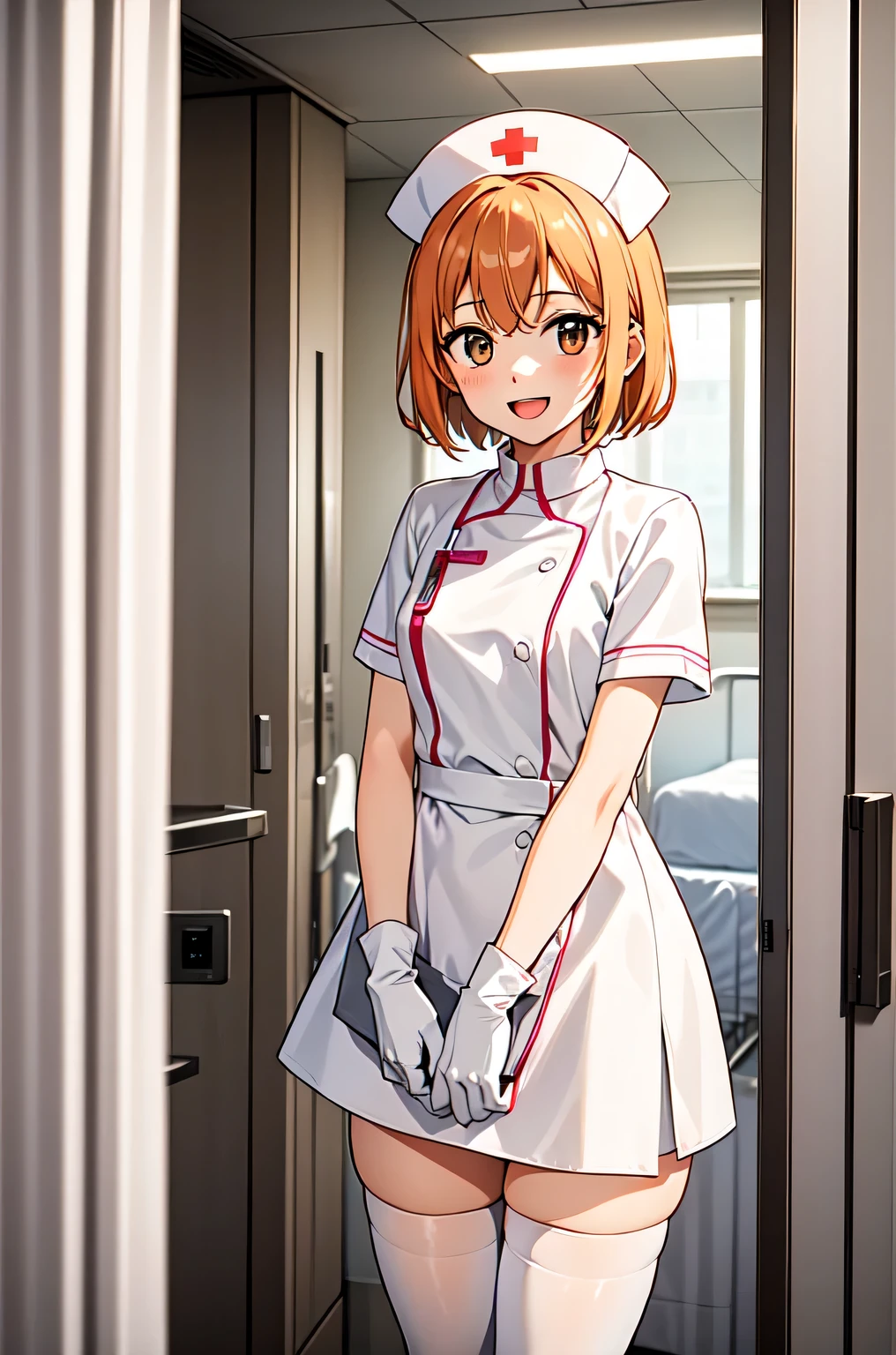 1boy, solo, male focus, nurse, white nurse cap, white nurse uniform, ((white legwear, zettai ryouiki)), white gloves, short hair, orange hair, smile, open mouth, standing, ((hospital room)), sharp outline, short sleeves, shota, 12 years old, best quality, masterpiece