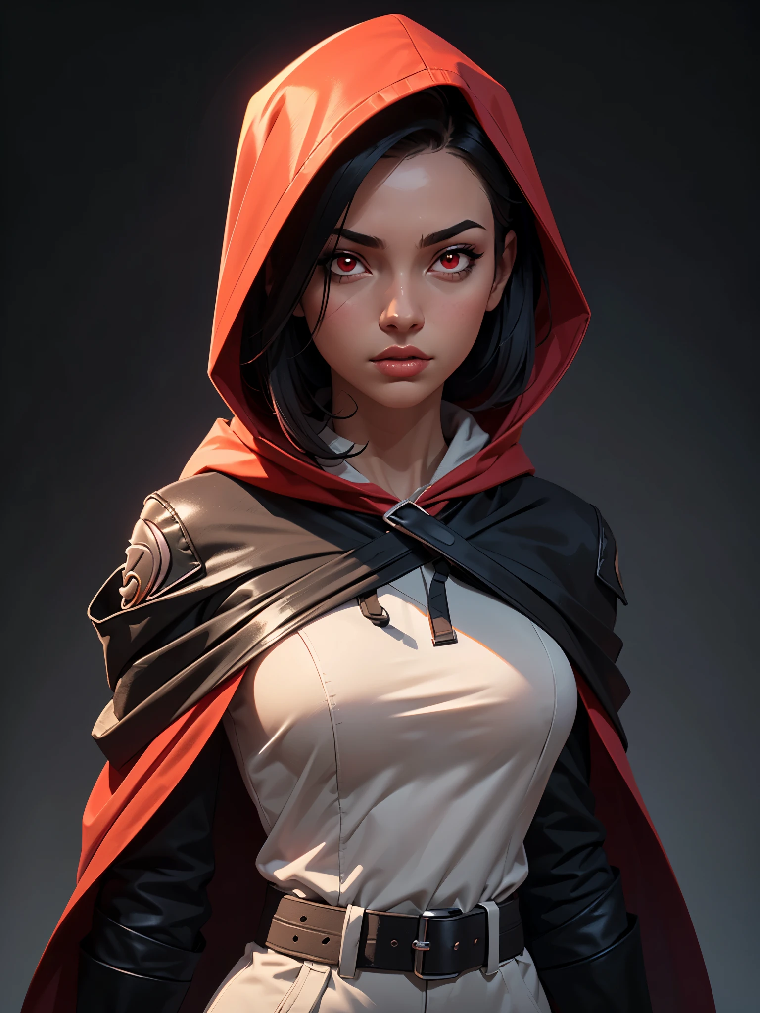 one girl, solo, (bust, upper body, front view:1.2), concept art, assassin, hood, cloak, black hair, red eyes, belts, shoulder-belts, (masterpiece, highly detailed, look at viewer, shiny blured grey background, gradient sprayed background, blured background:1.2)