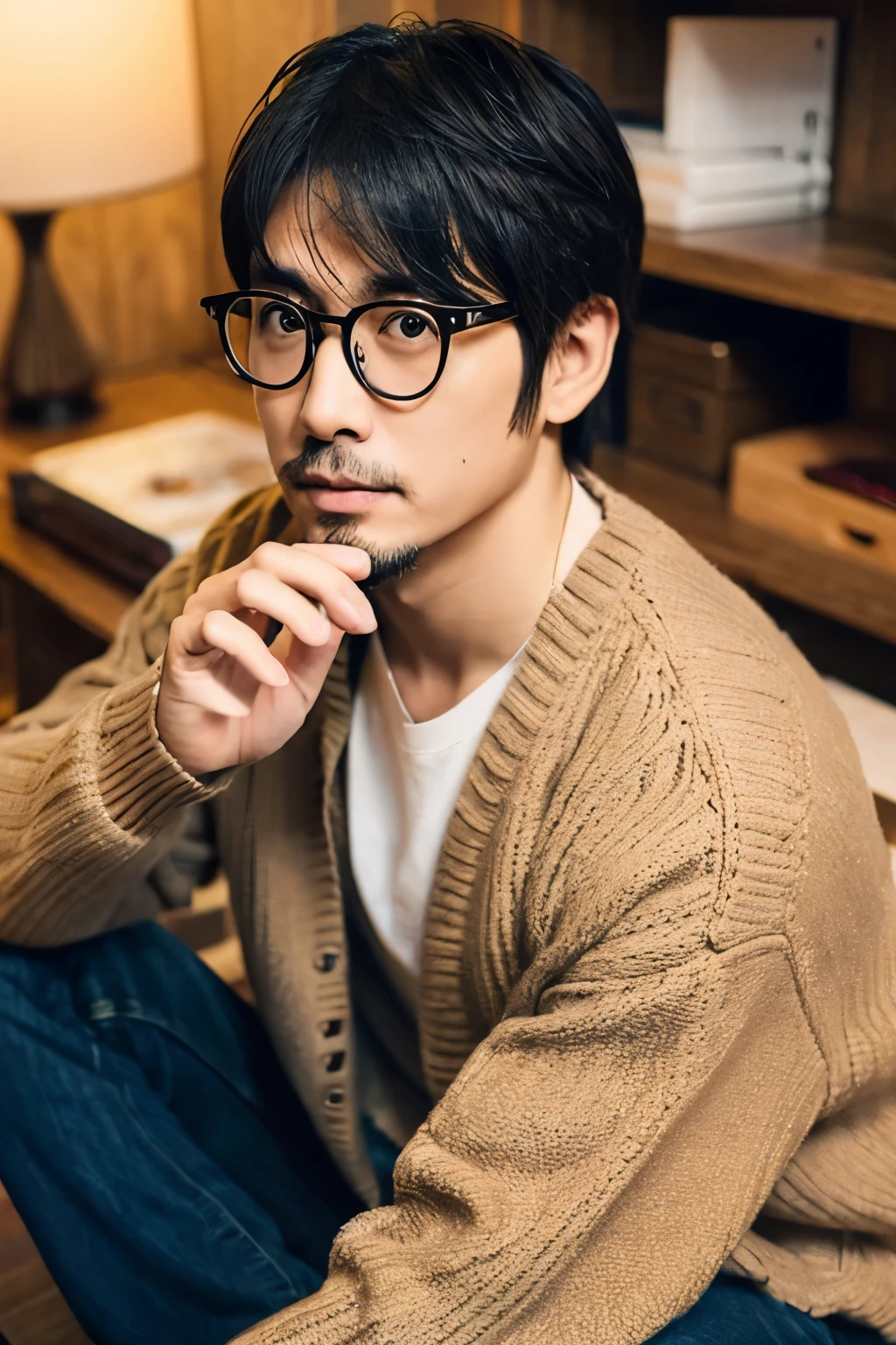 Japanese　Handsome style　uncle　wearing glasses　With a beard　Sitting in a Japanese house