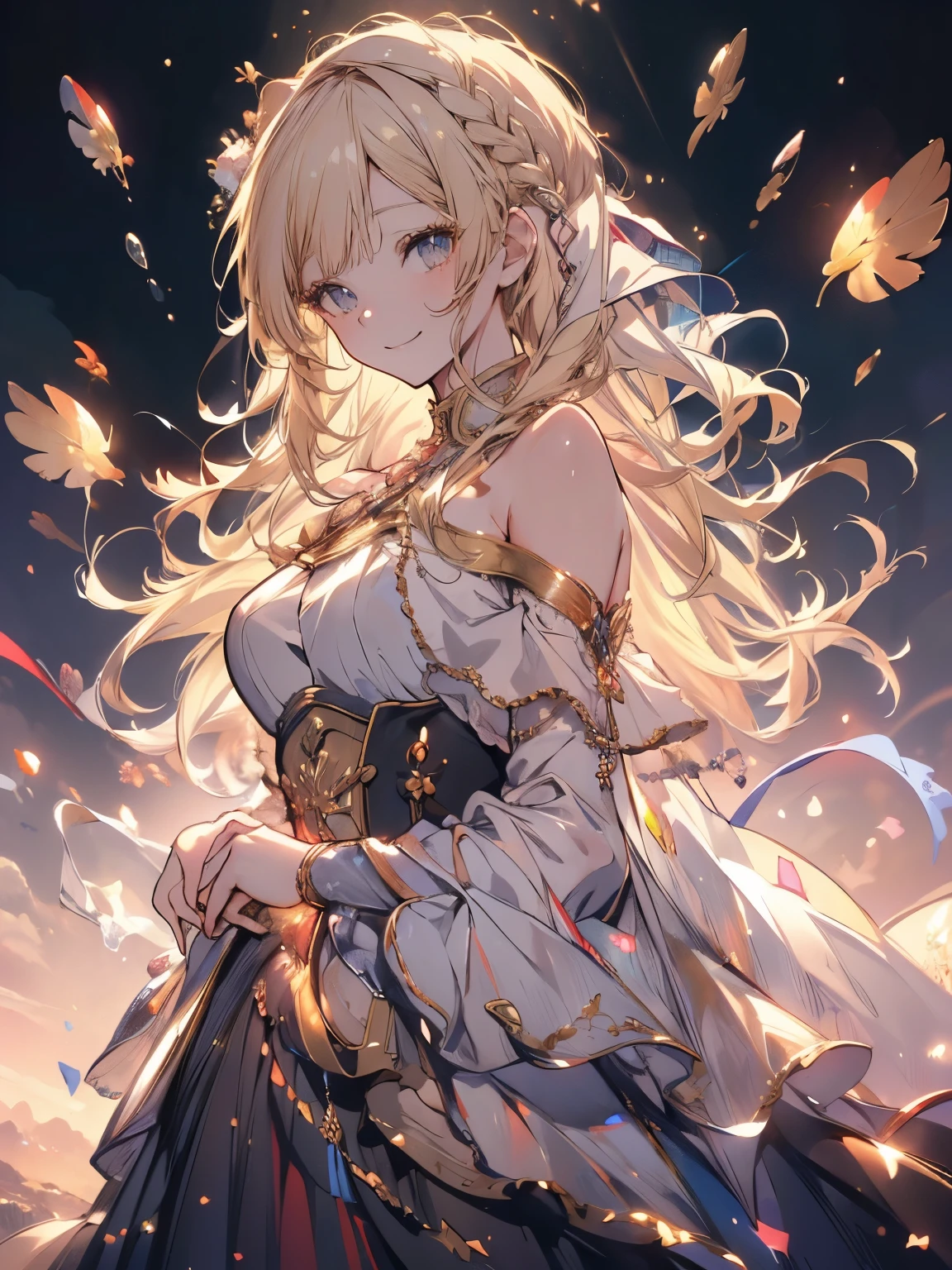 ((top quality)),(超A high resolution),(super detailed),((best anime)),sharp,Claire,Art with amazing depictions, (1 woman,ash blonde),(off shoulder sheath dress,),(((gentle smile)))