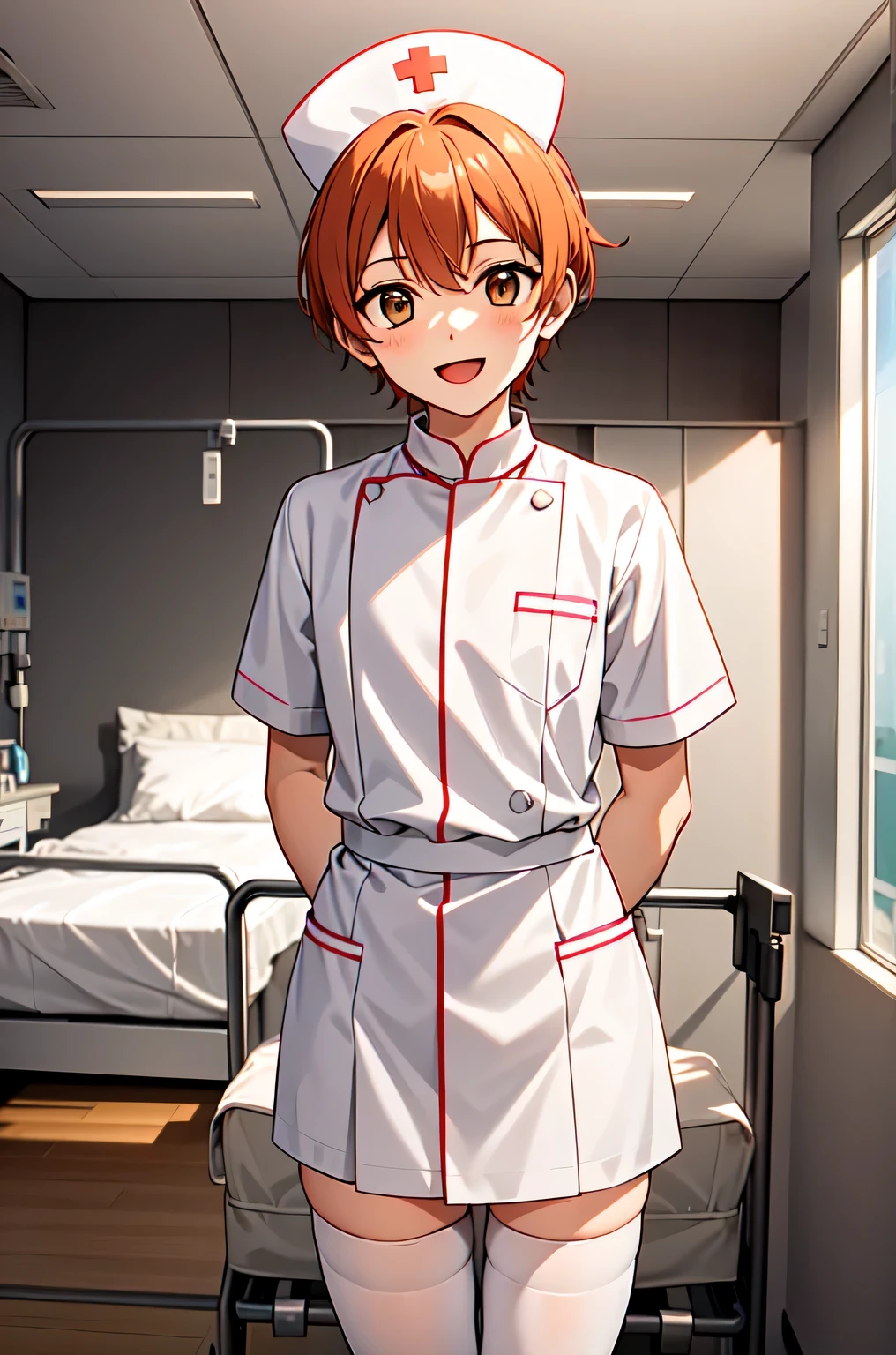 1boy, solo, male focus, nurse, white nurse cap, white nurse uniform, ((white legwear, zettai ryouiki)), white gloves, short hair, orange hair, smile, open mouth, standing, ((hospital room)), sharp outline, short sleeves, shota, 12 years old, best quality, masterpiece