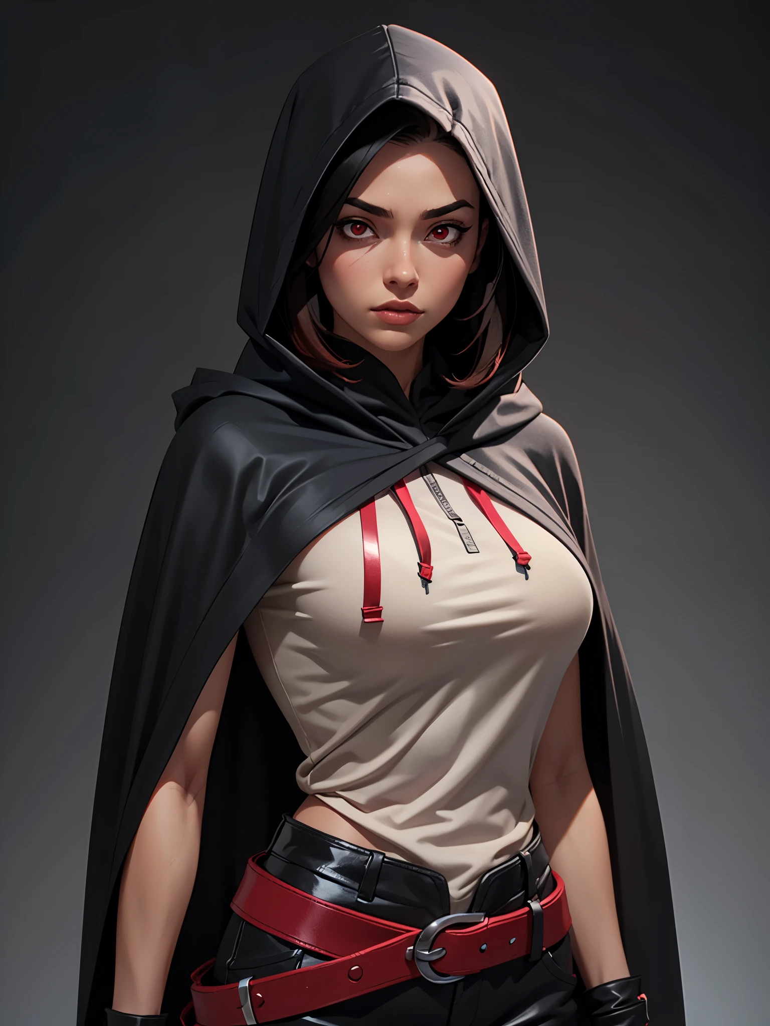 one girl, solo, (bust, upper body, front view:1.2), concept art, assassin, hood, cloak, black hair, red eyes, belts, shoulder-belts, (tiny breasts, small breasts, male chest:1.3), (masterpiece, highly detailed, look at viewer, shiny blured grey background, gradient sprayed background, blured background:1.2)
