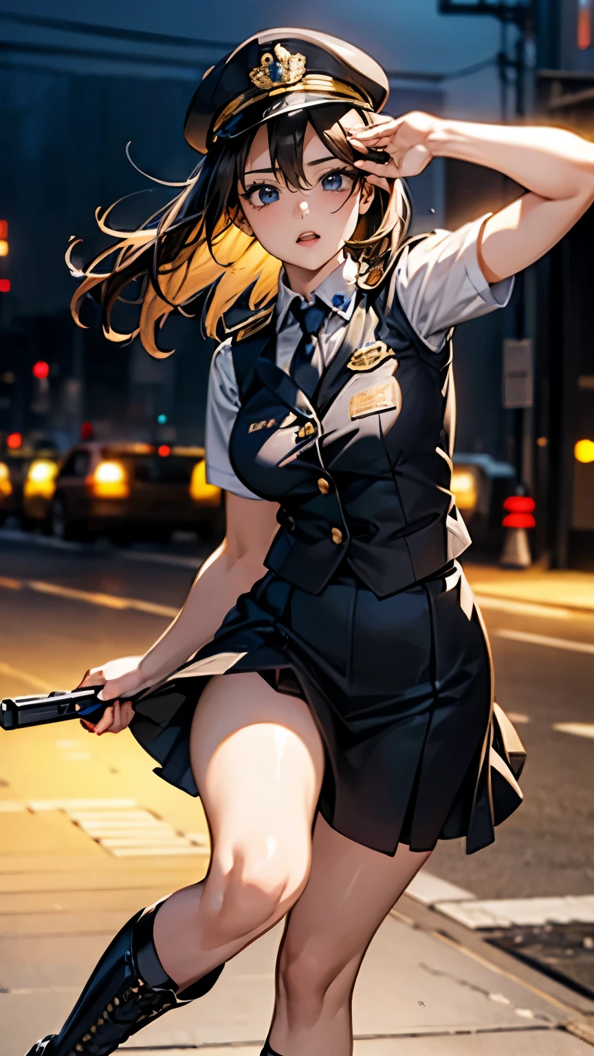 highest quality、masterpiece、8K、realistic、ultra high resolution、very delicate and beautiful、HDR、cinematic lighting、medium range shot、portrait、perfect female body、Beautiful woman、mature woman、Put your hands on your head、look at the viewer、medium breasts、cityscape、(short bob、brown hair)、((policewoman:1.4、uniform、limited cap、uniformのボタン、tie、uniformのジャケット))、Police Vehicles、Baton、handcuffs、wireless、vest、leather shoes、name tag、uniformのパッチ、防弾vest、police badge、skirt、boots、gun、police badge、epaulettes、uniformのskirt