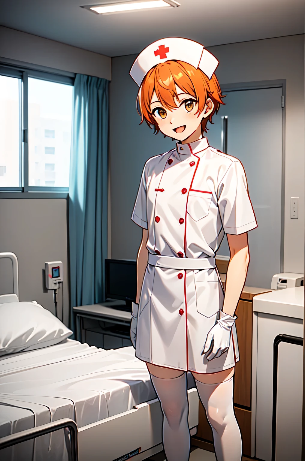1boy, solo, male focus, nurse, white nurse cap, white nurse uniform, ((white legwear, zettai ryouiki)), white gloves, short hair, orange hair, smile, open mouth, standing, ((hospital room)), sharp outline, short sleeves, shota, 12 years old, best quality, masterpiece