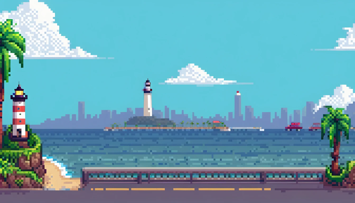 8-bit pixel wind, Sky, bridge, bay, panoramic widescreen view, blue ocean, highway, white clouds, concrete bridge deck, dual carriageways, pedestrian walkways, pixelated car headlights, neon signage, bridge piers, hidden items, shimmering waves, ocean ripples, horizon line, beach, off-white pixels, shell reefs, silhouette of a coastal city skyline, lighthouse, buildings, coconut trees, beach umbrellas, A masterpiece in up to 16K resolution, Excellent quality. | ((more_detail)), pixel art, atmospheric perspective, sideways
