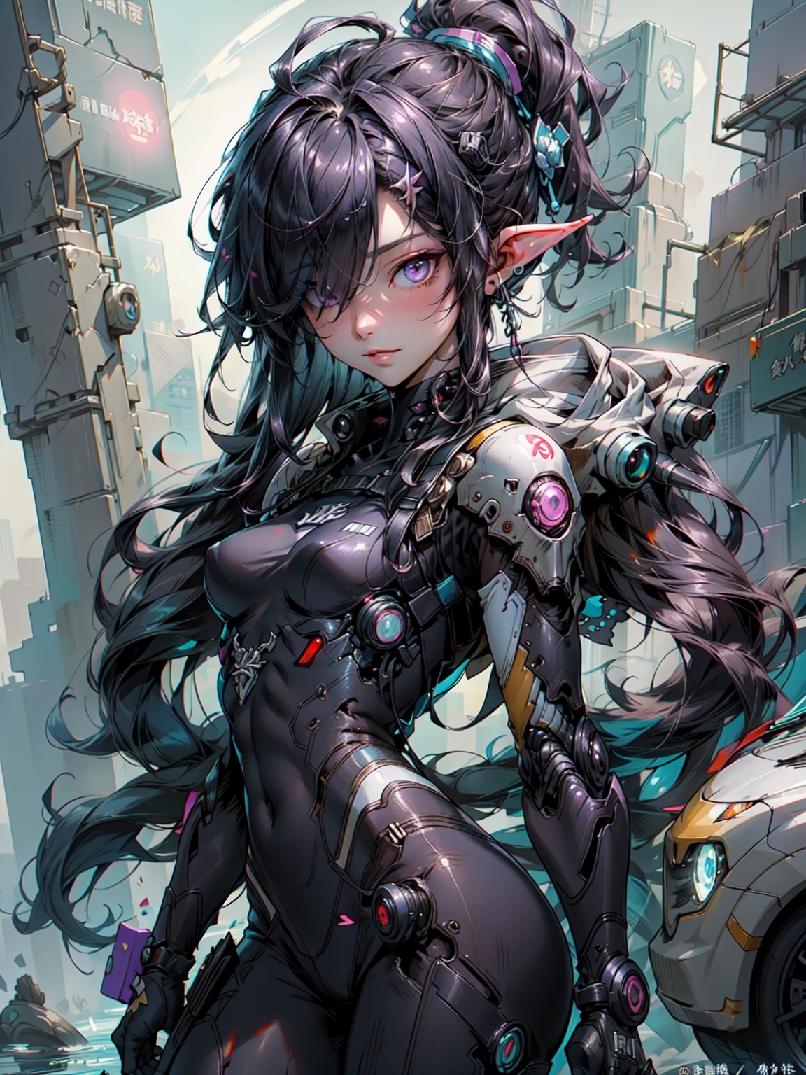 ((masterpiece)), (highest quality), (highest quality), ((Super become familiar with, 8K quality)), aesthetics, cinematic lighting, (become familiar withな線画), confused, (Optimal configuration), (High resolution), Watercolor paints, calm colors, warm colors, highest quality, delicate brushstrokes, 
Blake、
cyberpunk dark elf woman,  wearing japanese tech wear, black harajuku fashion, cyberpunk streetwear, wearing cyberpunk streetwear, tech wear, Armored Organic Cyborg,  Mecha_musume,  become familiar withな布, and装甲テクスチャ, 彼女はandても(relaxed) and(Calm down) exterior, contrasting, cowboy shot, dutch angle, golden ratio,  Dramatic movie atmosphere, fantasy, Complex, elegant, very become familiar with, 生き生きandした, realistic,  art station, shape, concept art, Smooth, sharp focus, Cyberpunk-style brush painting by Yoji Shinkawa, by Mikimoto Haruhiko, by types of bacteria,
Blake、
very become familiar with of (dark elf), (1 girl), alone, perfect face, become familiar with, Ahoge, ((long hair:1.2)), (hair above one eye:1.3), [[messy hair]], Shiny blonde white hair, purple eyes, 色andりどりの目, 色andりどりの髪, shining eyes, (eyelash, eye shadow, pink eye shadow), bright, smile, design art by Mikimoto Haruhiko, by Kawashi, By Yoshitaka Amano,
Blake、
((perfect anatomy)), perfect body, abs, Medium chest, (perfect hands), perfect face, beautiful face, beautiful eyes, perfect eyes, (perfect fingers, thin fingers), correct anatomy, ((black skin:1.2)),
Blake、
Watercolor paints, calm colors, warm colors, highest quality, delicate brushstrokes,image background, abandoned building, Some are submerged in water, bubble, bubble water, splash water, Cyberpunk industry in neon lights, ケーブルandパイプ, ventilation duct, Police Line, (Depth of written boundary:1.2), (blurred background:1.2), Haruhiko Mikimoto&#39;style, types of bacteria, Kentaro Miura style, Haruhiko Mikimoto&#39;style, types of bacteria, Kentaro Miura style,