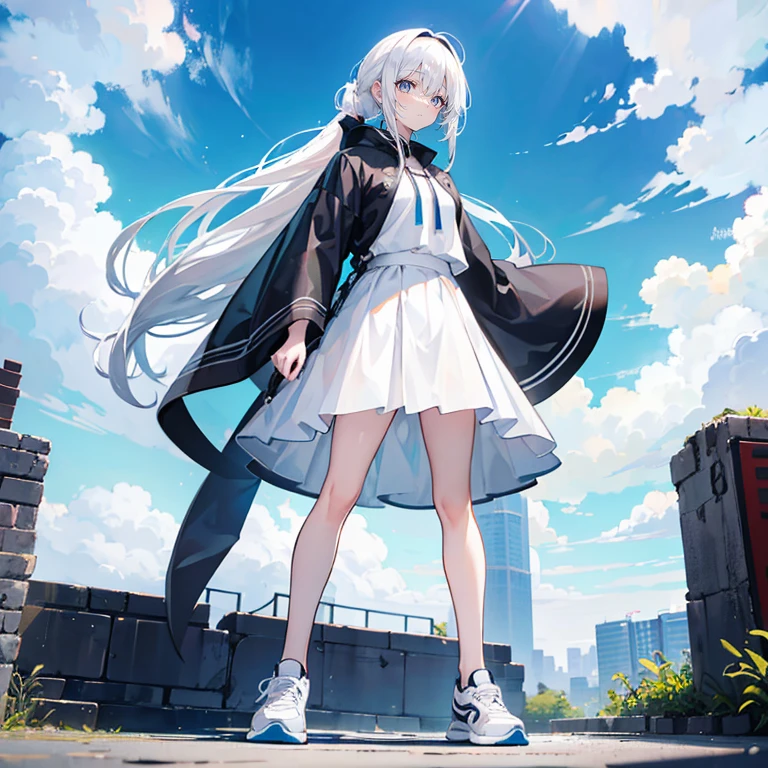 white hair，long hair，Bangs，high ponytail，Bangs整齐，gray eyes，black headband，girl，cute，，white shirt，skirt，cloak，Wearing sneakers，Stand up exercise，whole body，Don't show your arms，The background is the port，Blue sky and white clouds