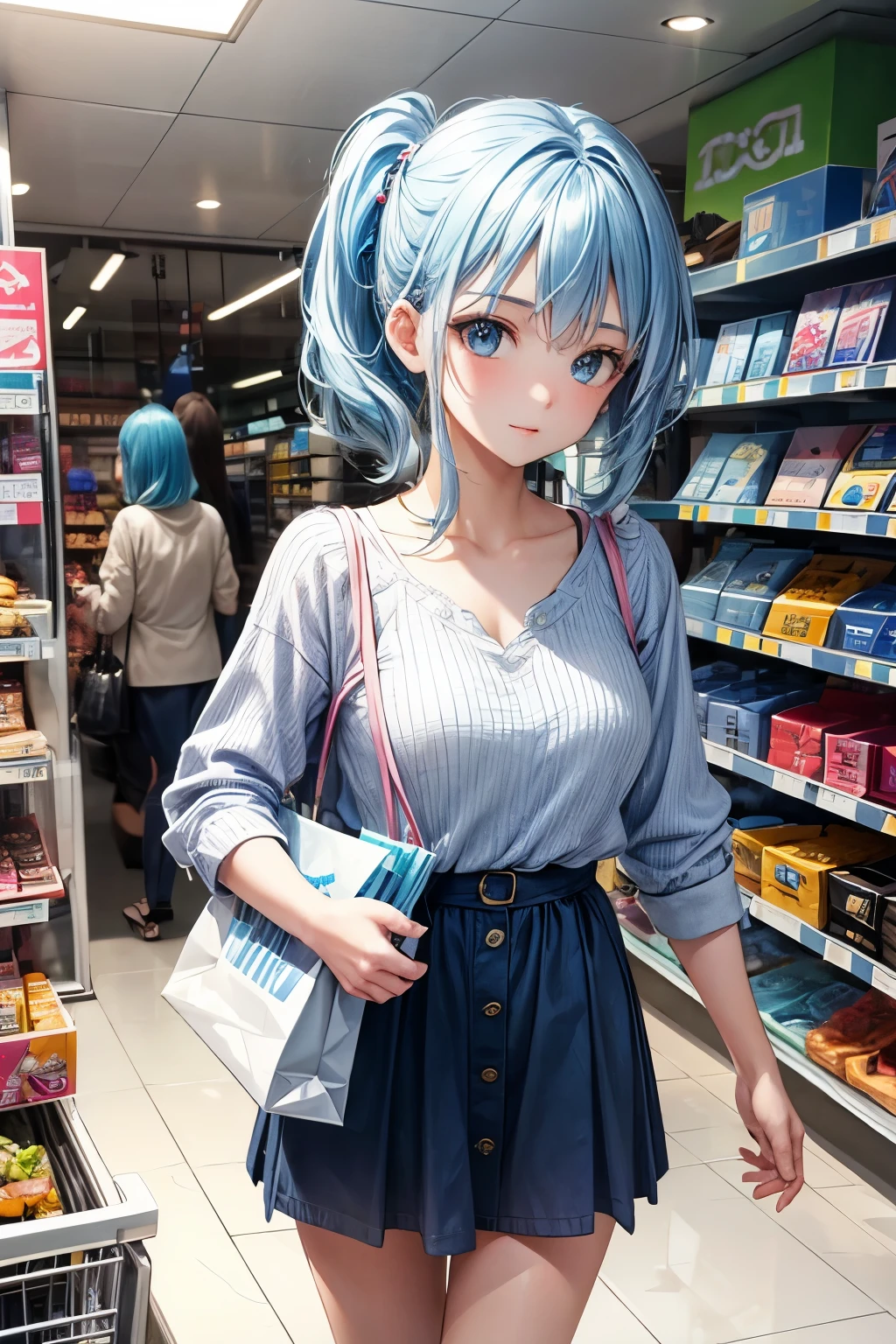 1girl, bluenette hair, light blue hair, next door girl, shopping 