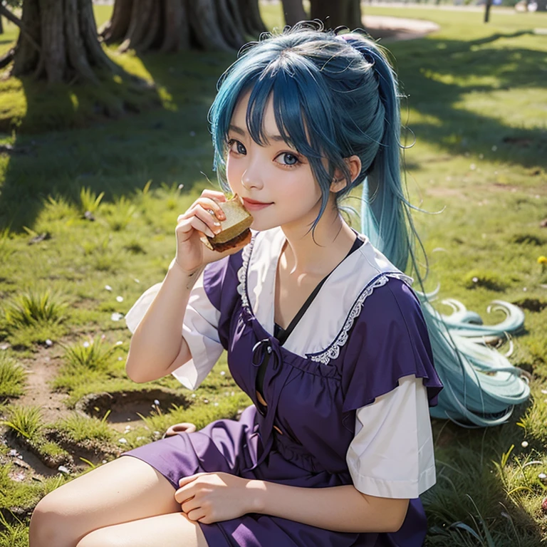 10 year old girl, blue hair on ponytails, big purple color eyes, wearing one piece yellow color dress, red color snickers, sitting on grass, eating sandwich, smiling