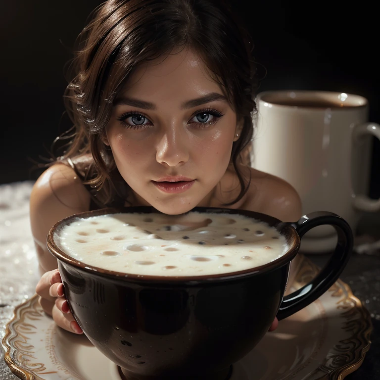 A naked woman, detailed eyes, detailed lips, extremely detailed face, long eyelashes, bathing in a large black elegant mug filled with milk, oil painting, ultra-detailed, high-res, realistic, vivid colors, soft lighting, porcelain skin, delicate details, flowing milky texture
