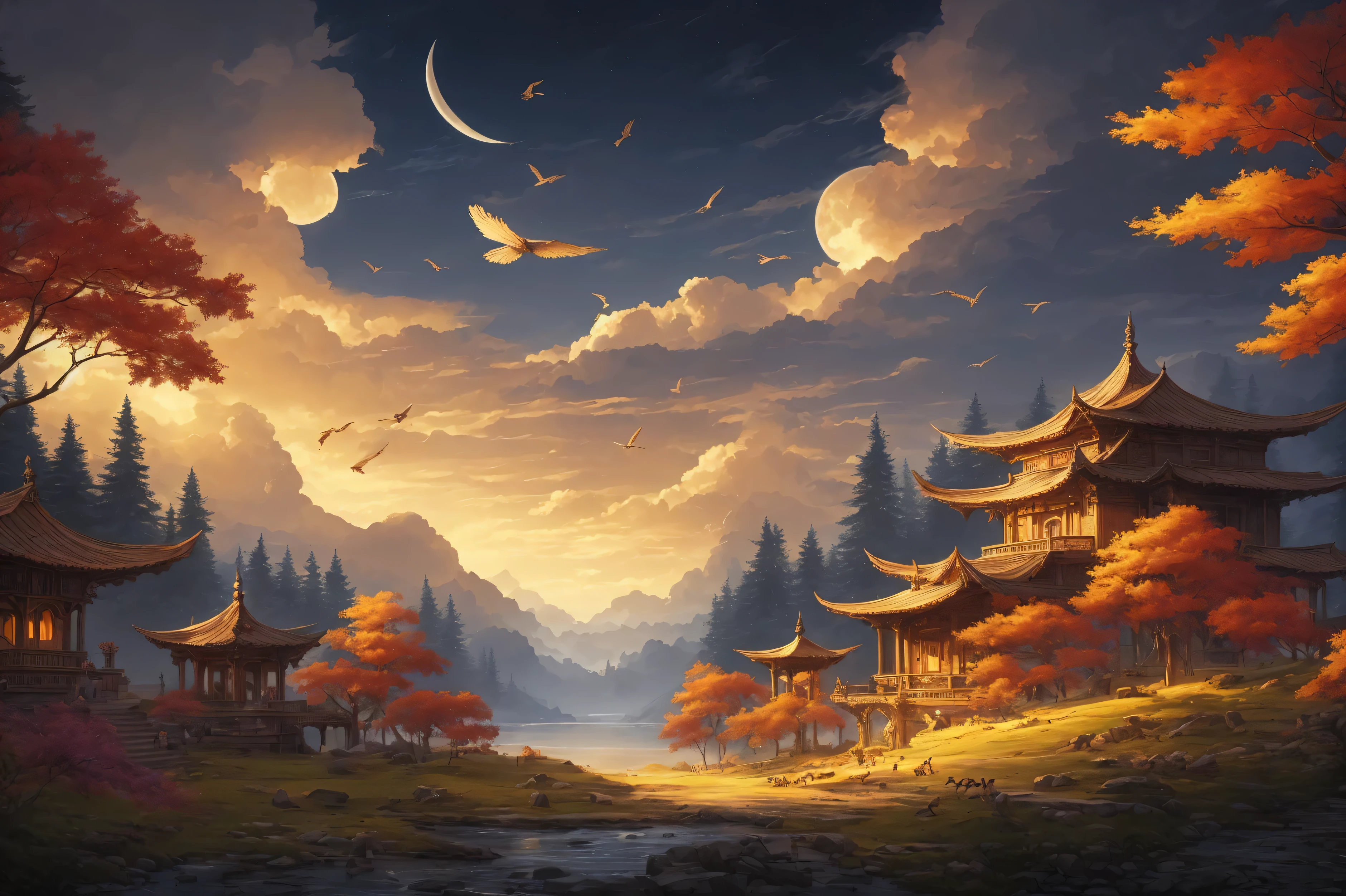 Symmetric epic fantasy art, wide angle fantasy art,Beautiful arc-shaped crescent moon, Sunlight revealed in the clouds, some people ,true, a beautiful landscape painting,beautiful building, A flock of birds flew above, Beautiful art ultra hd 4k, Detailed 4k, Fantasy Painting HD, landscape artwork, 4k fantasy art, 8K Stunning Artwork, 4k detailed digital art, 8k high quality detailed art, Symmetric epic fantasy art, wide angle fantasy art, UHD, masterpiece, ccurate, super detail, high details, high quality, award winning, best quality, highres, 4K