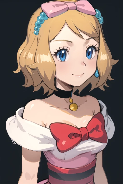 masterpiece, best quality, 1girl,serena \(pokemon\), short hair, blonde hair, blue eyes, eyelashes, black choker, hair bow, dress, collarbone, large breasts, upper body, smile, looking at viewer, solo, simple background 