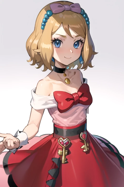 masterpiece, best quality, 1girl,serena \(pokemon\), short hair, blonde hair, blue eyes, eyelashes, black choker, hair bow, dress, collarbone, large breasts, upper body, smile, looking at viewer, solo, simple background 