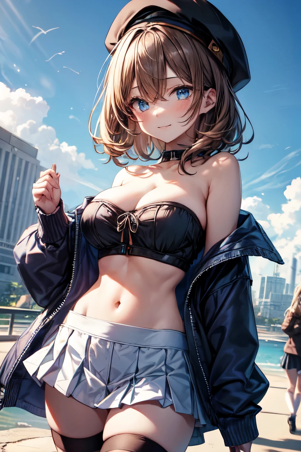 an extremely delicate,
beautiful girl,
break,
8k,
best quality,
masterpiece,
ultra hires,
ultra detailed girl,
super fine illustration,
break,
active pose, active angle, moving,
outdoors,
shiny,
bright,
rim lighting,
break,
1girl,
solo,
junior,
perfect female body,
short stature,
brown hair,
short hair,
big hair,
fluffy hair,
air bangs,
long bangs between eyes,
round face,
azure eyes,
(smile:0.8),
large breasts,
bare shoulders,
bare thighs,
bare navel,
break,
black inner clothes,
indigo outer clothes,
beret,
strapless cropped tube top,
opened off shoulder cardigan,
pleated micro mini skirt,
thigh high socks,