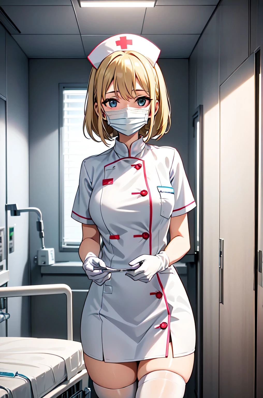 1woman, solo, nurse, white nurse cap, white nurse uniform, ((white legwear, zettai ryouiki)), white gloves, blonde hair, blue eyes, ((white surgical mask, covered nose)), standing, ((hospital room)), sharp outline, short sleeves, mature female, 35 years old, best quality, masterpiece