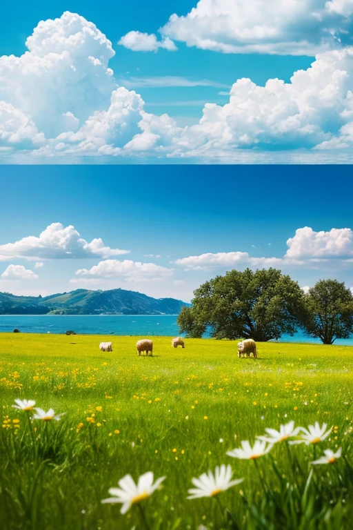 summer, Pasture, some small flowers, Clear lake, sheep, heaven, big cloud, blue sky, hot weather, HD detailed, hyper detail, cinematic, surrealism, soft light,