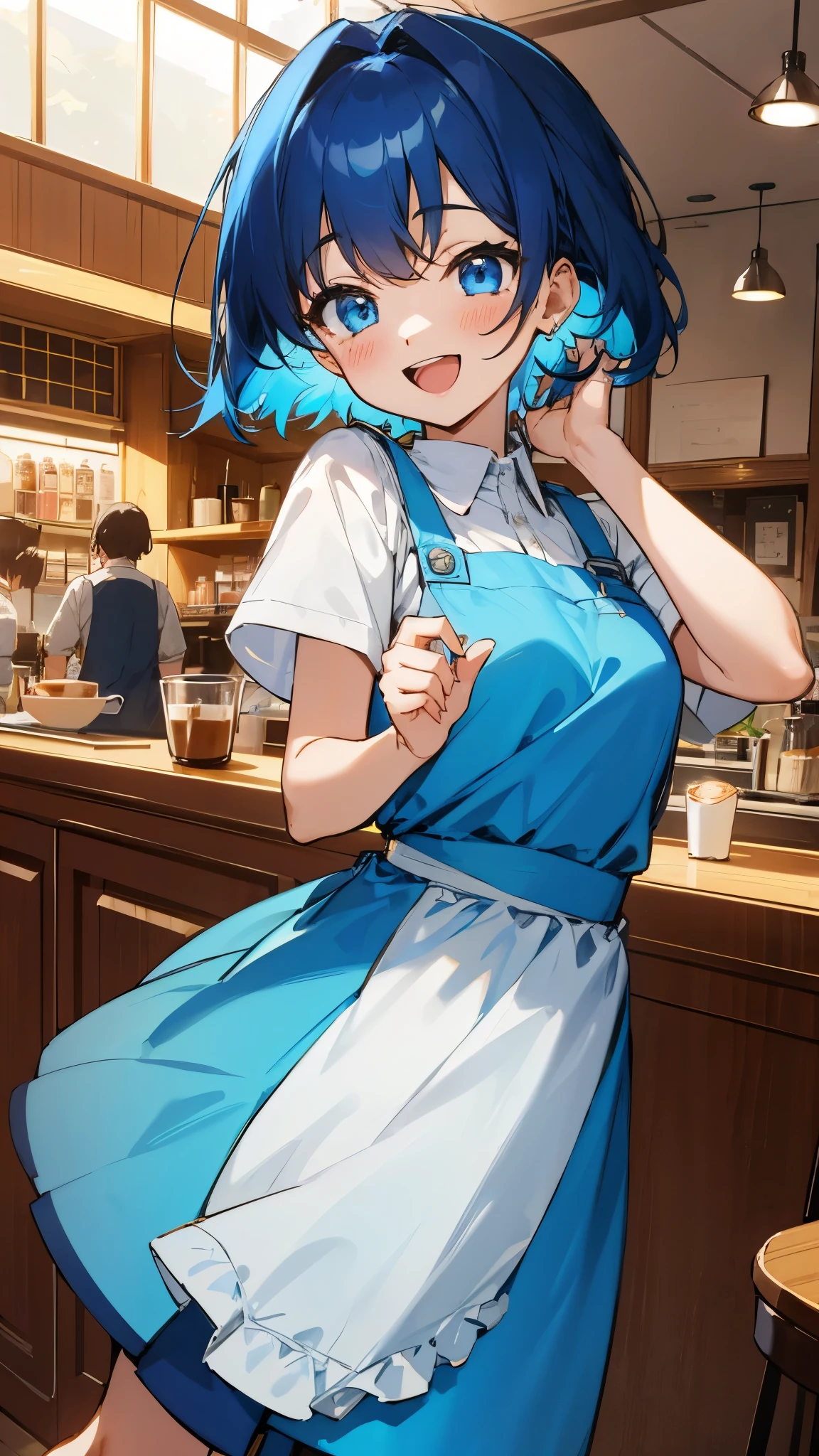 detailed background、1 girl、white blouse、blue skirt、Apron appearance、dark blue hair、Shining light blue eyes、smile、open your mouth and laugh、((indoor、morning、Cafe))、sharp outline