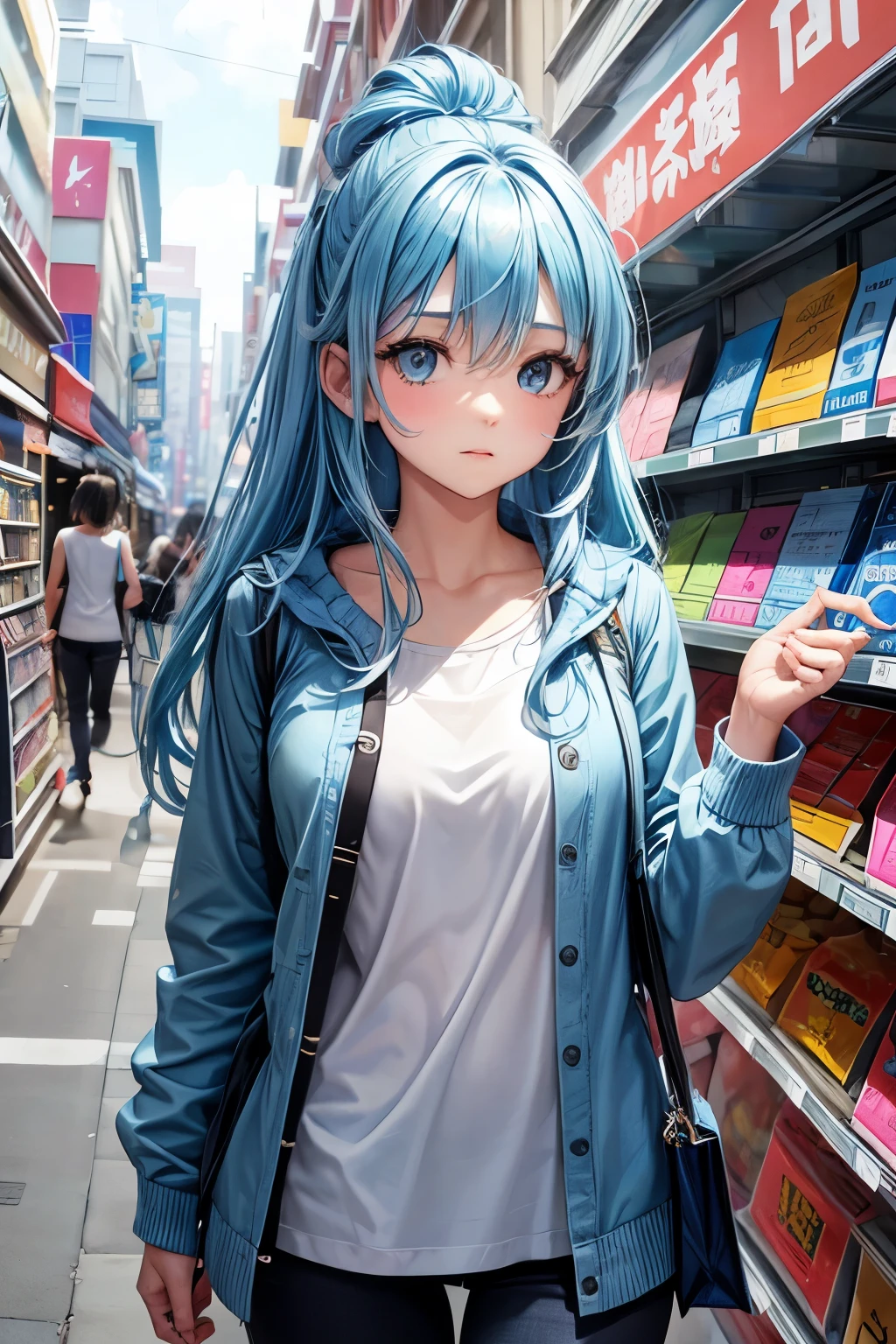 1girl, bluenette hair, light blue hair, next door girl, shopping, cloth shopping
