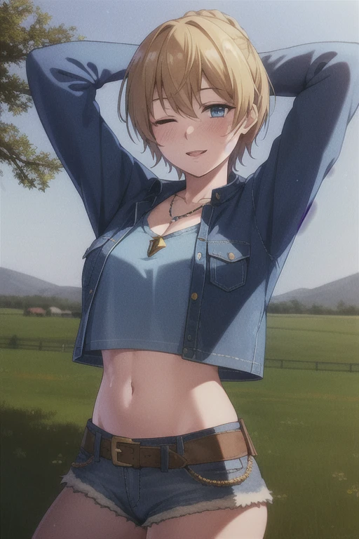 wattson (apex legends), masterpiece, best quality, 1girl, solo, one eye closed, shorts, belt, blue eyes, open mouth, blonde hair, bird, necklace, smile, denim, dove, navel, looking at viewer, blush, jewelry, denim shorts, arms up, bead necklace, midriff, beads, long sleeves, scar, scar on face, scar on cheek, burn scar, bangs,