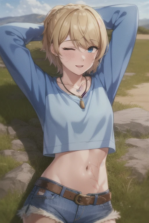 (((masterpiece))), ((highest quality)), (Very detailed), ((High resolution)), ((8k)), ((Anatomically correct)), One very cute girl, , (Small breasts), Vocaloid, (Kagamine Rin), Blonde, Short Hair, Letting down your bangs, (Short), , Charming smile, Blue eyes, Best moment, Delicate arms, Detailed skin texture, Intricate details, Very detailedな顔, Beautiful curves, Beautiful thighs, (Sweating), ((Wearing denim shorts)), ((Wearing a short top)), (I can see my belly button), blush, In the park at night, Looking up, An inviting gaze, Provocative, Model standing, Beautiful standing posture,