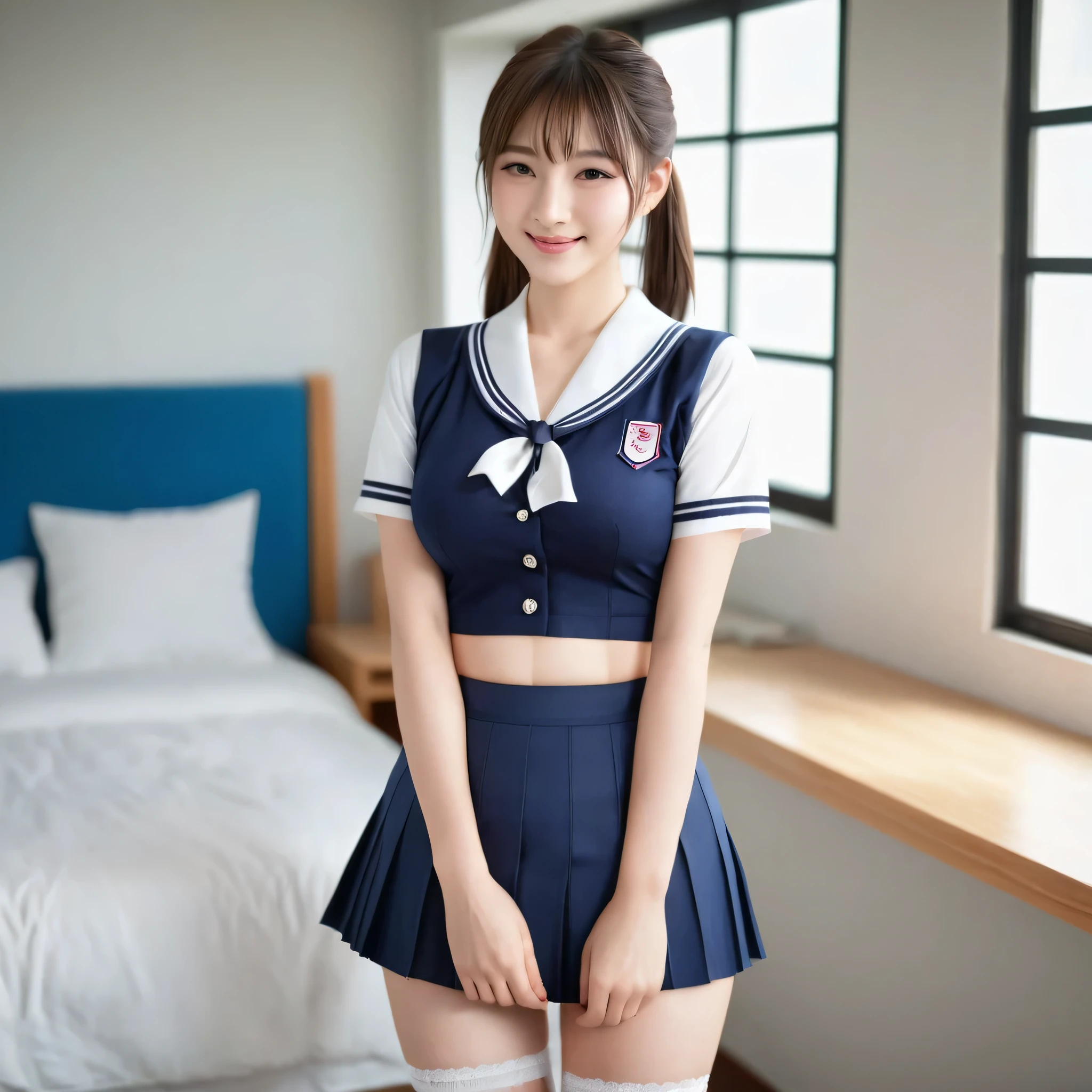 ((Japanese high school uniform)),Wear a short pleated skirt 、Silk panties sticking out、panty shot、focus on panties、Soft skin、ponytail, japanese girl, 8K, huge breasts,full body shot、 highest quality, masterpiece, realistic, Photorealistic super detail, one girl, cute, best smile, beautiful eyes, long hair, perfect face,full body shot