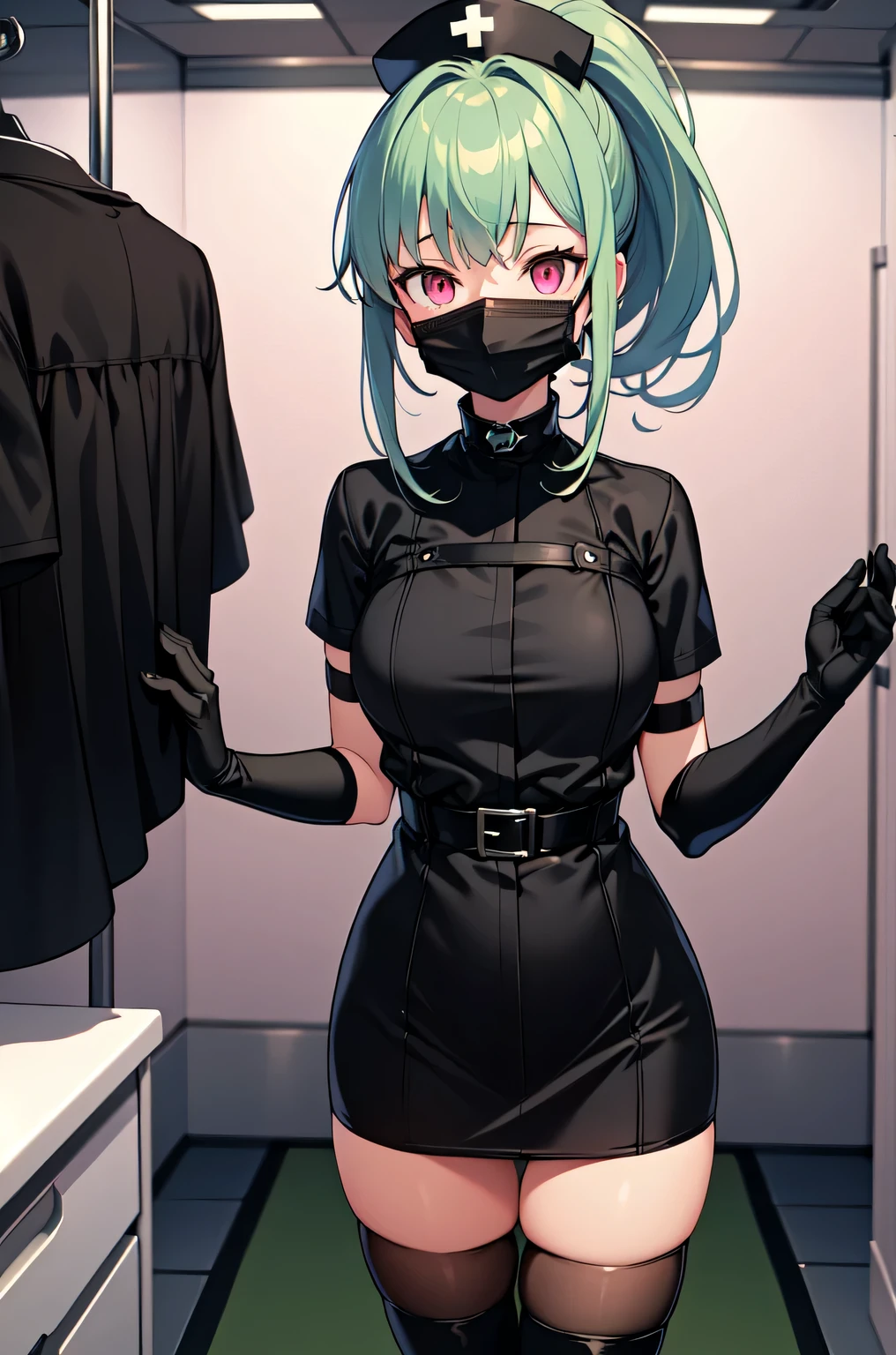 black nurse, 1girl, solo, black nurse cap, black nurse uniform, ((black legwear, zettai ryouiki)), black elbow gloves, ponytail, green hair, pink eyes, ((black surgical mask, covered nose)), standing, ((surgery room)), sharp outline, short sleeves, best quality, masterpiece