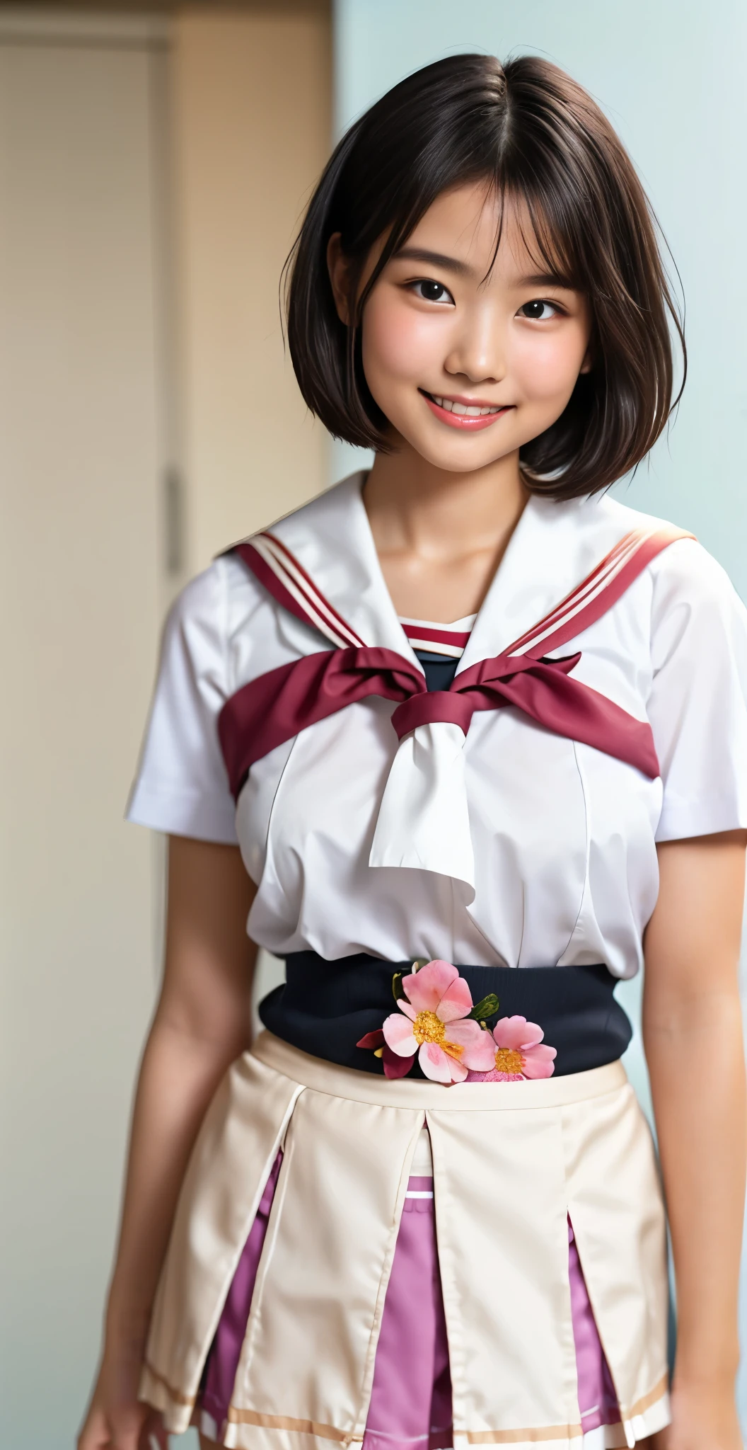 （8K、Raw photography、highest quality、masterpiece：1.2),(black haired、very short hair:1.8),(twin tails:1.3)、show viewer,Looking at the front,erotic,白いskin,(girls school uniform:1.9)、(no background)、(Clothing that emphasizes the shape of your chest、publish one&#39;skin:1.4)、(big breasts :1.4)、slim body shape、ultra high resolution,beautiful,beautiful fece,(alone、no background:1.9),whole bodyボディー,japanese woman,（Photoreal：1.37）、photon mapping,reality、(Baby-faced and cute: 1.5)、(cute smile: 1.7)、(With a round face: 1.8)、radio city、Physically based rendering、depth of field rally background、photograph, (I can see your knees、too short skirt、I can see white panties、close up of thighs:1.8),whole body、super fine