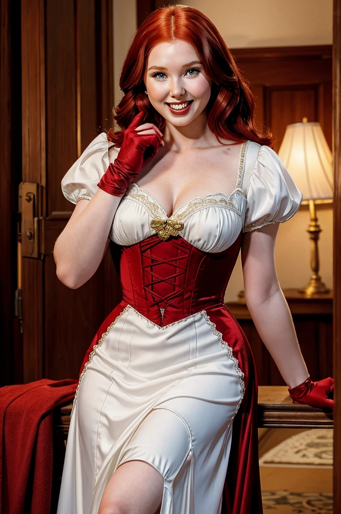 A sexy/cute, historicially acurate dickensian lady sweet/wholesome skinney , Traditional/conservative dress. Exudes love, conservative values. Thick Red hair. elegant dickensian dress. , fair-skinned woman, view viewer, Face Madura, Delicate gloves,, attractive look, impressive woman, romantic mood. Excited, happy, smileing, laughing.. Prudishly dressed. Jumping up and down. Molly Quinn.