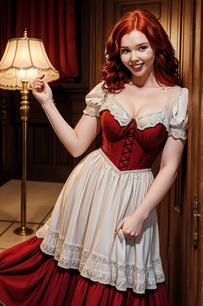 A sexy/cute, historicially acurate dickensian lady sweet/wholesome skinney , Traditional/conservative dress. Exudes love, conservative values. Thick Red hair. elegant dickensian dress. , fair-skinned woman, view viewer, Face Madura, Delicate gloves,, attractive look, impressive woman, romantic mood. Excited, happy, smileing, laughing.. Prudishly dressed. Jumping up and down. Molly Quinn.
