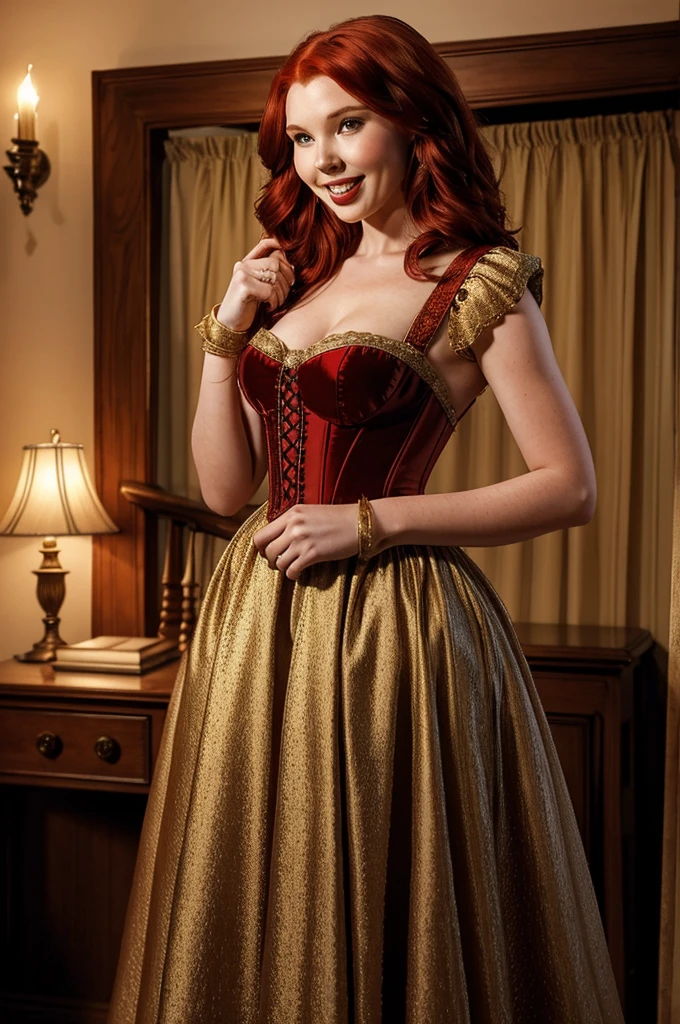 A sexy/cute, historicially acurate dickensian lady sweet/wholesome skinney , Traditional/conservative dress. Exudes love, conservative values. Thick Red hair. elegant dickensian dress. , fair-skinned woman, view viewer, Face Madura, Delicate gloves,, attractive look, impressive woman, romantic mood. Excited, happy, smileing, laughing.. Prudishly dressed. Isla Fisher
