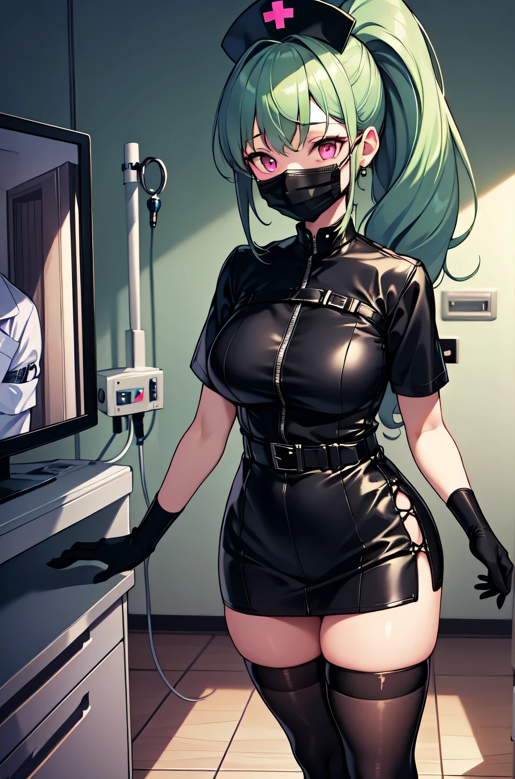 black nurse, 1girl, solo, black nurse cap, black nurse uniform, ((black legwear, zettai ryouiki)), black elbow gloves, ponytail, green hair, pink eyes, ((black surgical mask, covered nose)), standing, ((surgery room)), sharp outline, short sleeves, best quality, masterpiece