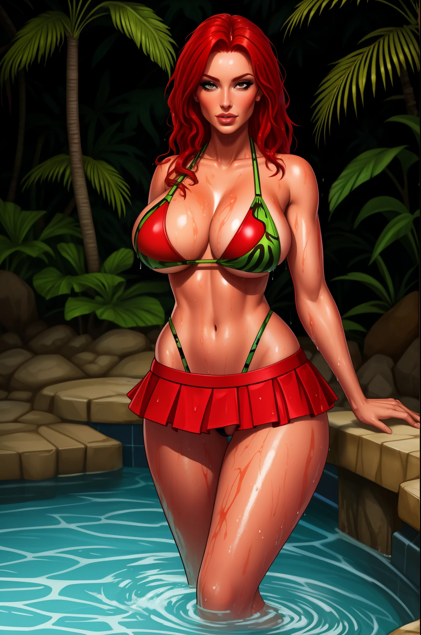 red hair, wet and wild, microskirt, jungle pool, swimsuit