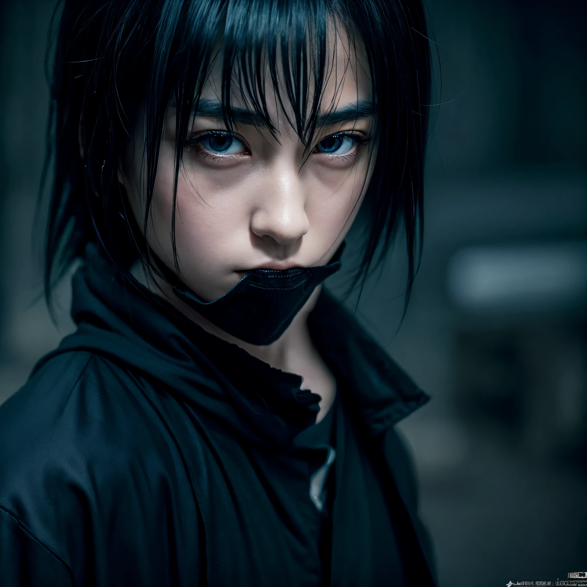 Sasuke, best quality, ultra-detailed, realistic, dark lighting, intense stare, Sharingan activated, flowing black hair, calm demeanor, black cloak, ninja aesthetic, dynamic pose