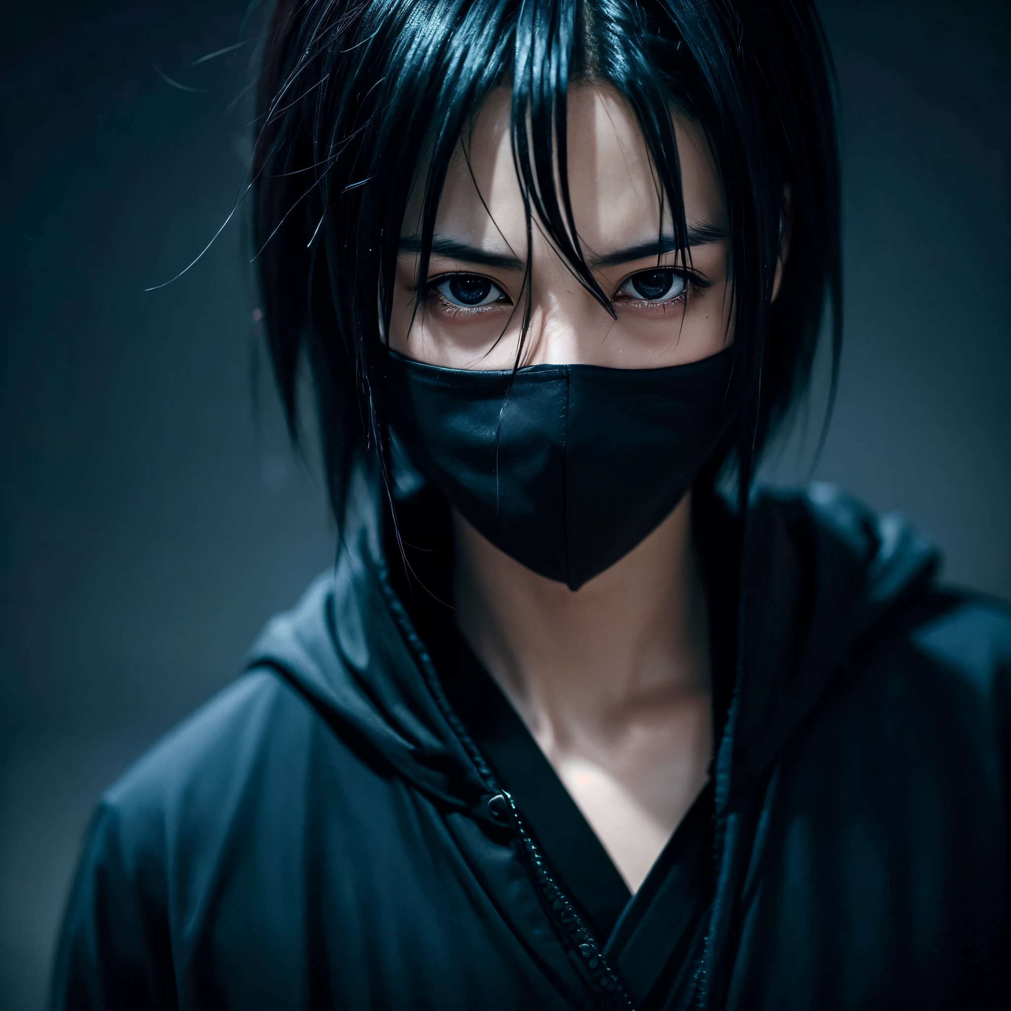 Sasuke, best quality, ultra-detailed, realistic, dark lighting, intense stare, Sharingan activated, flowing black hair, calm demeanor, black cloak, ninja aesthetic, dynamic pose