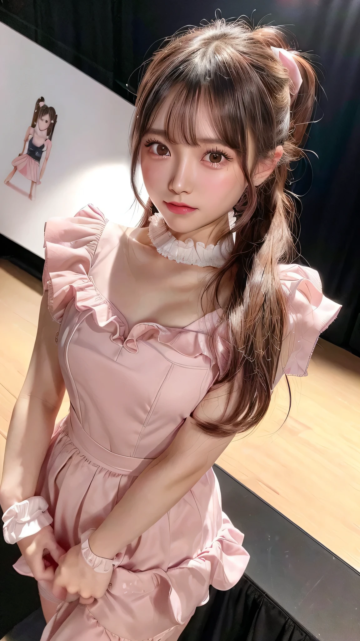 close up of face,blush,face forward,small breasts,,long hair ponytail,on stage,in the spotlight,((8K, Raw photo, best quality, muste piece:1.2), (Reality, photorealistic:1.4), (Highly detailed 8K wallpaper), Depth of the bounds written, cinematic lighting, soft light, detailed beauty eye,Shiny and smooth light brown ponytail, asymmetrical bangs, shiny skin, super detailed skin ,high resolution, high detail, detailed hairstyle, detailed beauty face, hyper real, perfect limbs, perfect anatomy ,1 Japanese girl,famous japanese idol, perfect female body,shy smile,short eyelashes,double-edged eyelids,look straight here,Hair style is ponytail、Pink colored long dress with lots of ruffles, softly shaped skirt, standing on stage,pink ribbon on head,She is wearing a skirt with lots of frills,pose is random,Neat clothes