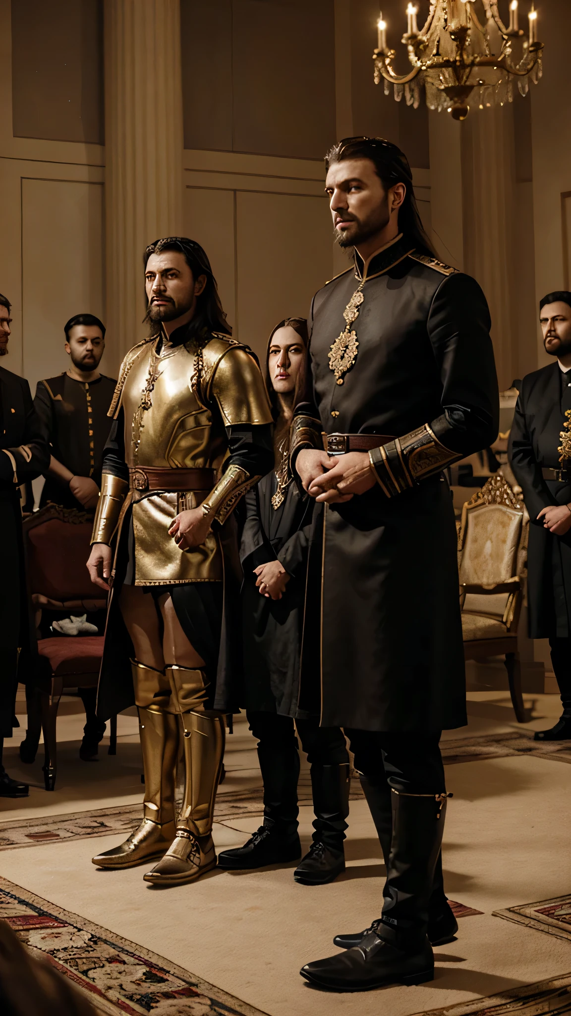 Description: Paul stands before Shaddam's court, his words echoing with authority as he demands the throne and Irulan's hand in marriage. Courtiers and advisors look on, whispering among themselves as they assess the situation.Visual: Paul, flanked by loyal Fremen warriors, addresses Shaddam and his retinue in the opulent throne room. The room is filled with ornate furnishings and intricate architectural details, emphasizing the weight of Paul's demands.