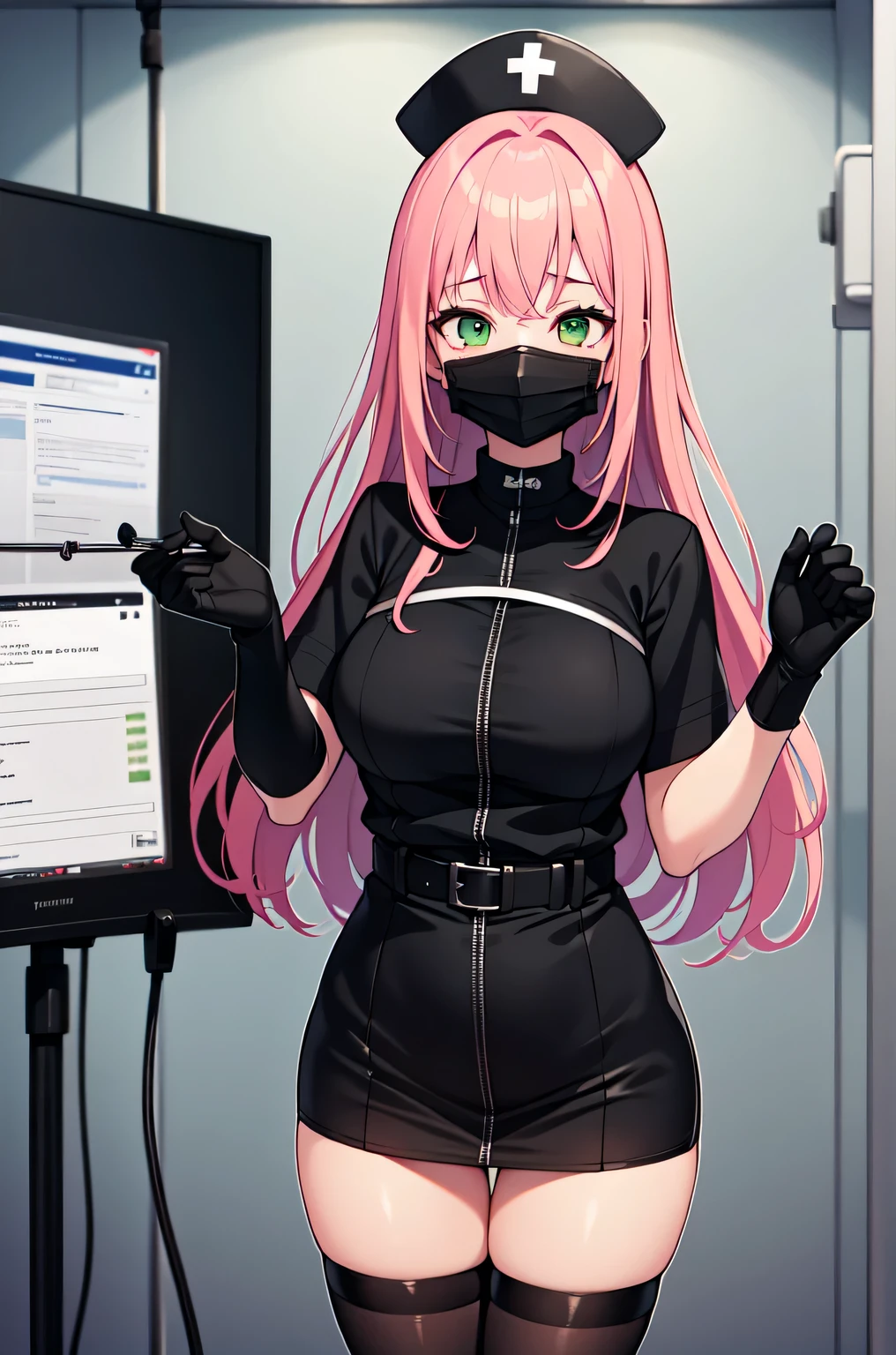 black nurse, 1girl, solo, black nurse cap, black nurse uniform, ((black legwear, zettai ryouiki)), black elbow gloves, pink hair, green eyes, drooping eyes, ((black surgical mask, covered nose)), standing, ((surgery room)), sharp outline, short sleeves, best quality, masterpiece