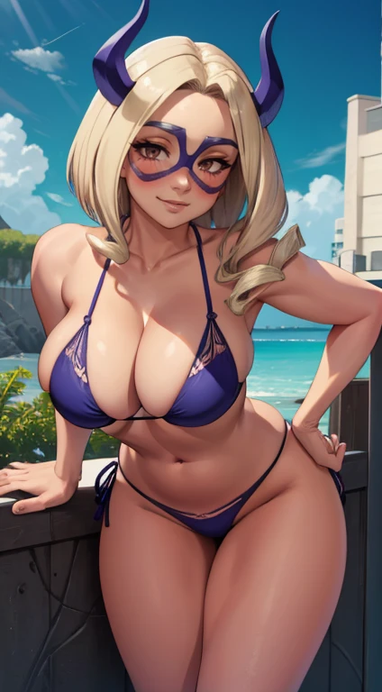 (best quality:1.3), (4K quality), mount lady ((detailed face)),((smile)), ((curvy body)), (big breasts), sexy, (( cut hair )), ((thong bikini cleavage)), ((blue sky)), ((leaning forward))