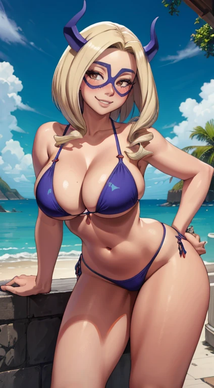 (best quality:1.3), (4K quality), mount lady ((detailed face)),((smile)), ((curvy body)), (big breasts), sexy, (( cut hair )), ((thong bikini cleavage)), ((blue sky)), ((leaning forward))