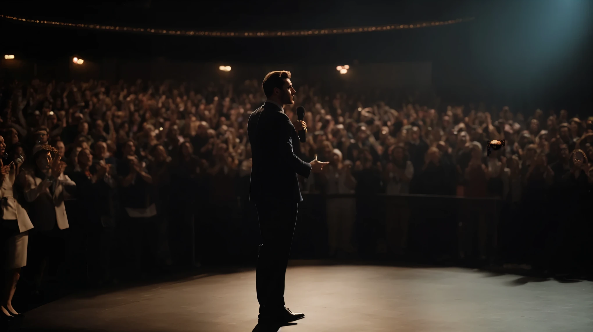 sharp man in a suit standing on the stage with a microphone, in front of a large crowd, ainda de um filme, screenshot of youtube video, captura de tela de um filme, cena de um filme, filme ainda, filmado do filme, ainda do filme, filme muito realista ainda, Atuando no palco, foto de 2022, stand up comedian