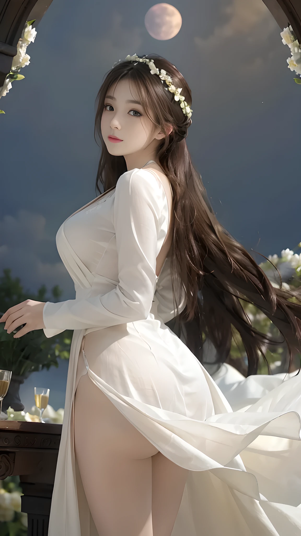full hd 8k, the girl is standing in the middle of a brilliant flower garden, with hundreds of different types of flowers blooming. The full moon shines in the night sky creating a beautiful scene. The photo was taken from a far angle, capturing the girl's entire body, including the shining full moon. The girl has long, silky hair tied high, creating a luxurious and noble beauty. The moonlight shines on the girl's delicate face, highlighting her large, round light brown eyes, creating a natural, gentle beauty. The girl wore a long white dress, her big breasts were exposed, revealing her extremely sexy breasts. The skirt was slightly slit to reveal a bit of her sexy thighs, highlighting her sexy beauty. Her dress is delicately designed with curving curves, creating a soft, feminine beauty. The girl holds a fresh rose in her hand, creating a beautiful contrast with her white dress. The girl is looking at the flowers blooming brightly, creating a picturesque scene. All these details are described clearly and sharply,