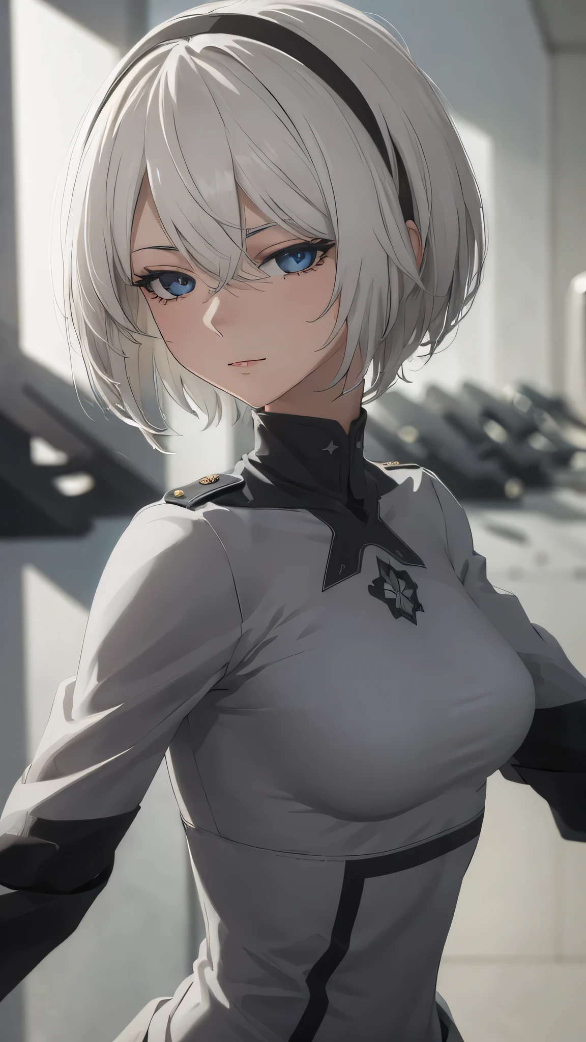 extremely detailed CG unity 8k wallpaper), (masterpiece), (best quality), (ultra-detailed), (best illustration), (best shadow), (absurdres) ,(detailed eyes), 2b, 1girl, short hair, white hair, solo, Intimidating women, admiral uniform, night, hero pose, white clothes, General Uniform, Military Uniform, Sunlight, exposed to sunlight,commander, fighting pose, wearing cape, looking_at_viewer
