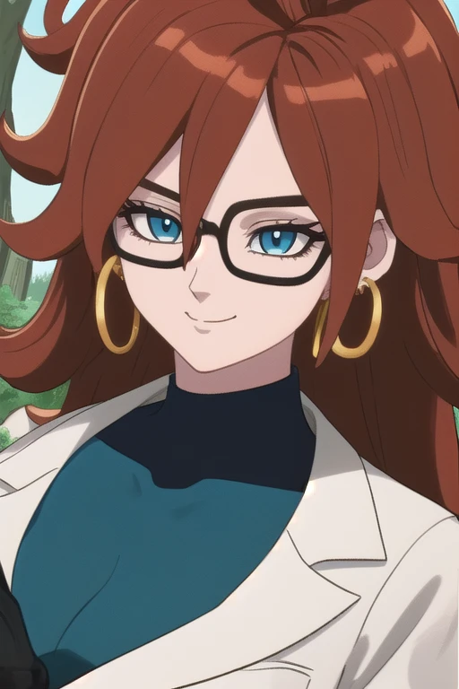 android21, 1girl, solo, blue eyes, brown hair, long hair, curly hair, hair between eyes, jewelry, hoop earrings, glasses,
checkered dress, two-tone dress, multicolored dress, tight dress, turtleneck, black pantyhose, labcoat, long sleeves,
smile,closed mouth,cowboy shot,
forest,outdoor,
(insanely detailed, beautiful detailed face, masterpiece, best quality) cinematic lighting,